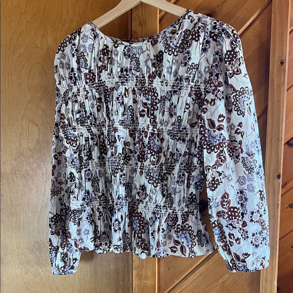 a.n.a Light Cotton Floral Long-sleeve Peasant Blouse - Cream, Brown, Lavender